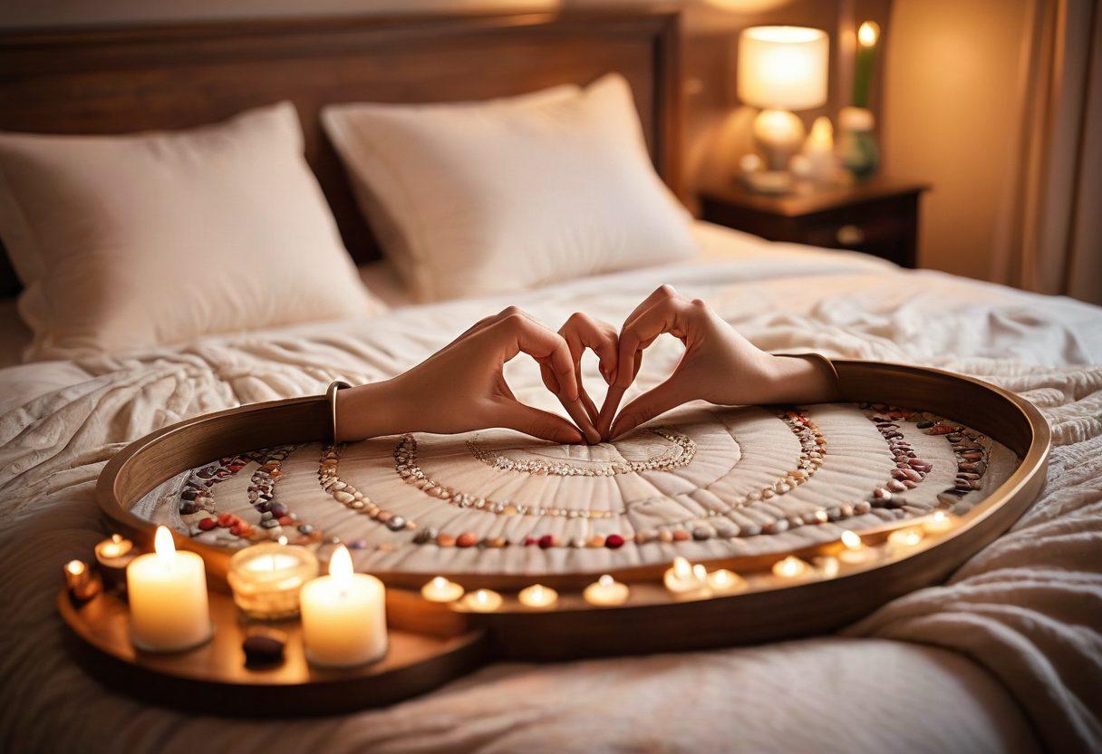 A cozy, romantic bedroom setting featuring a stylish combination of intimate play items on a soft, inviting bed, alongside playful couple's entertainment options like board games and candles. The lighting should be warm and soft, creating an intimate atmosphere with a touch of elegance. Include subtle hints of love, like heart-shaped decorations and intertwined hands in the background. super-realistic. warm tones. soft focus.