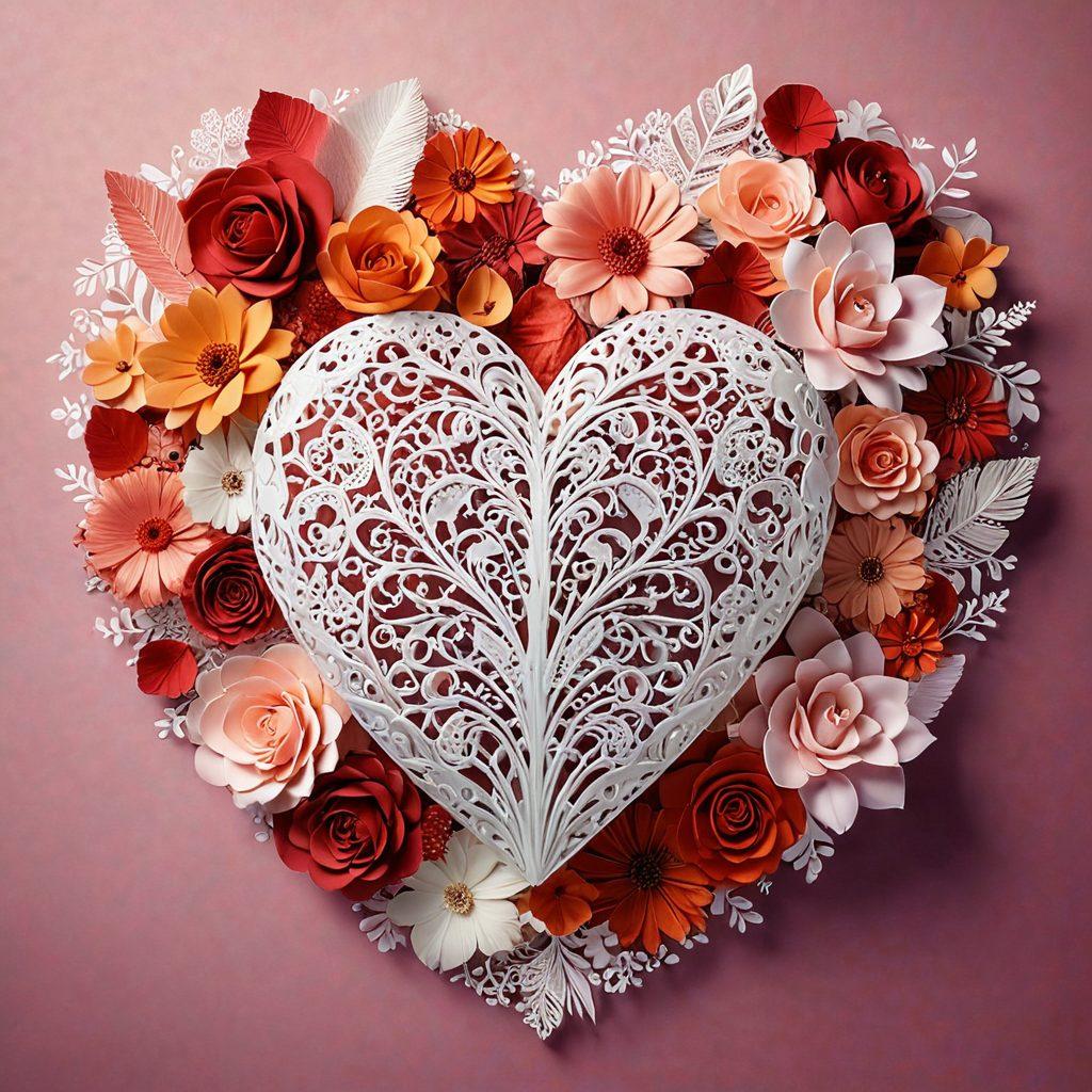 A vibrant collage showcasing a variety of pleasure products, from playful naughty novelties to elegant romantic toys, arranged in an inviting heart shape. The background features soft, romantic lighting with delicate floral patterns. Subtle hints of sensuality are incorporated through artistic brush strokes and warm color gradients. Add playful elements like feathers and lace to enhance the mood. vibrant colors. 3D.