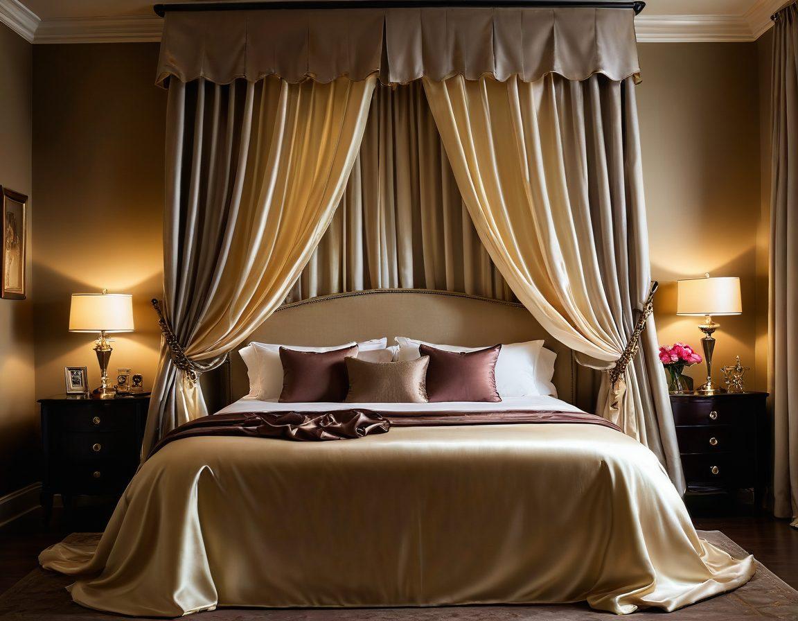 An elegant bedroom setting featuring a beautifully arranged display of luxurious adult playthings and sensual accessories. Soft lighting casts inviting shadows, highlighting a plush bed adorned with satin sheets and tasteful decor. Include delicate flowers and champagne flutes to enhance the romantic atmosphere. A touch of mystery with a closed silk curtain in the background. super-realistic. warm colors. soft focus.